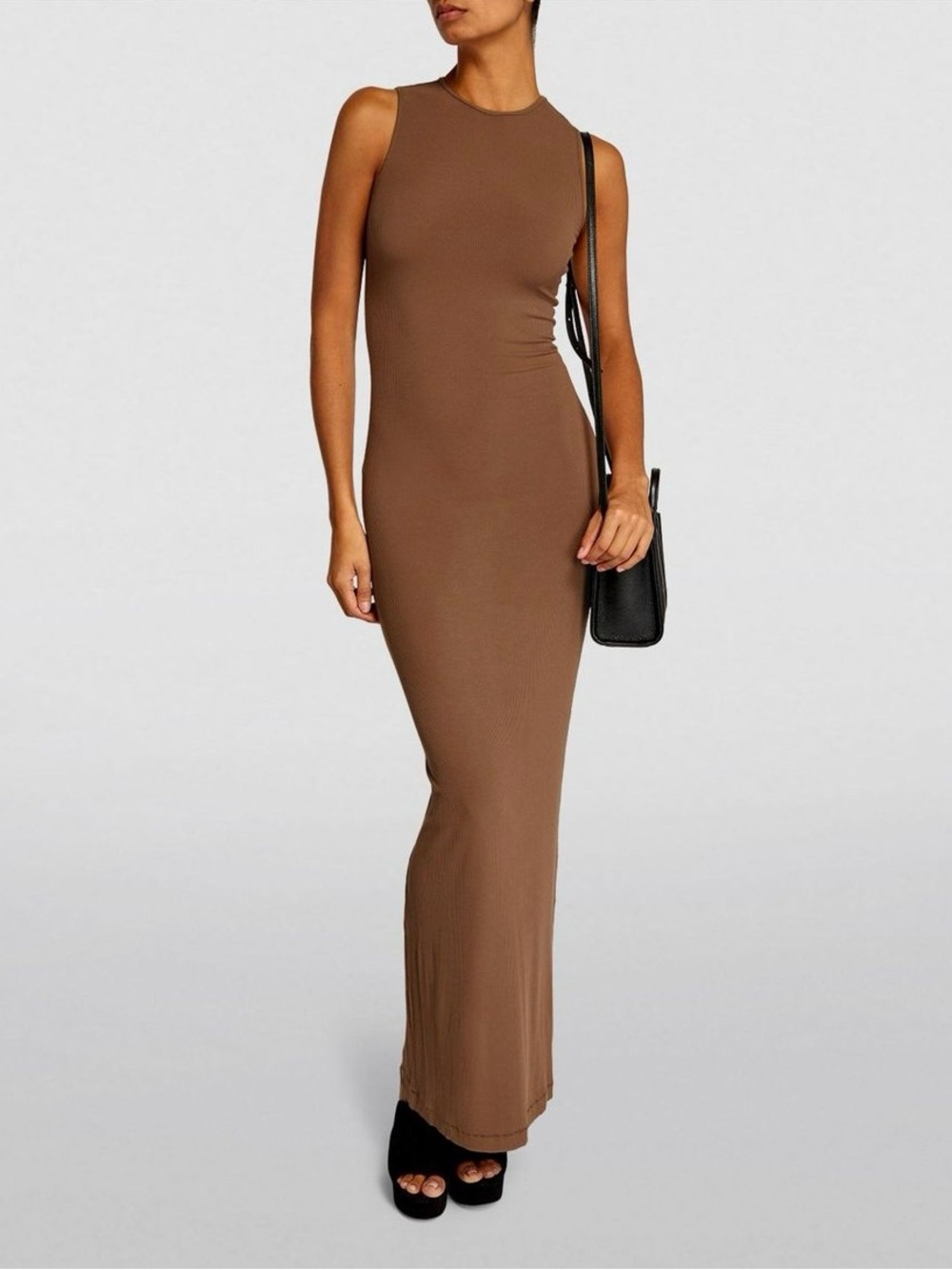 SKIMS Women's Brown Ribbed Soft Lounge Maxi Dress Stretch Knit High Neck